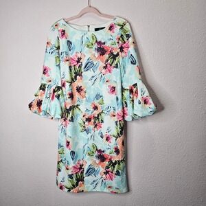 Ronni Nicole Womens Dress‎ Floral Blue Bell Sleeve Shift Midi Wedding Easter